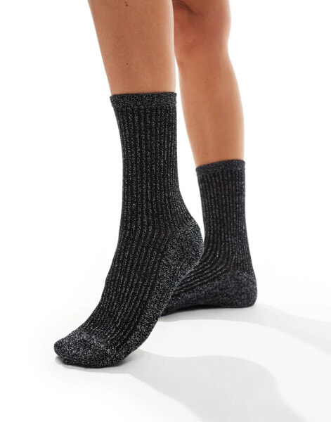 Pieces glitter stripe socks in black