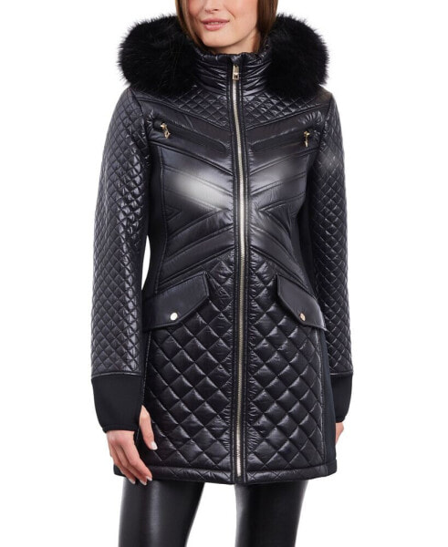 Women's Petite Faux-Fur-Trim Hooded Quilted Coat