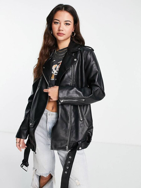 Stradivarius oversized faux leather biker jacket in black 