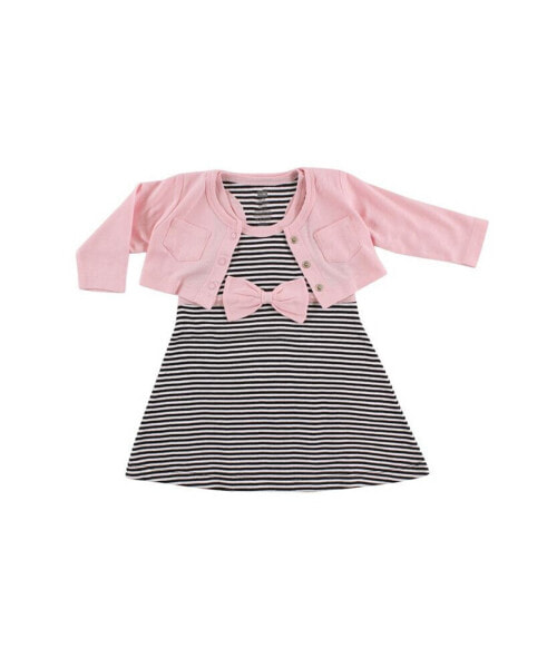 Baby Girls Cotton Dress and Cardigan 2pc Set, Light Pink Black