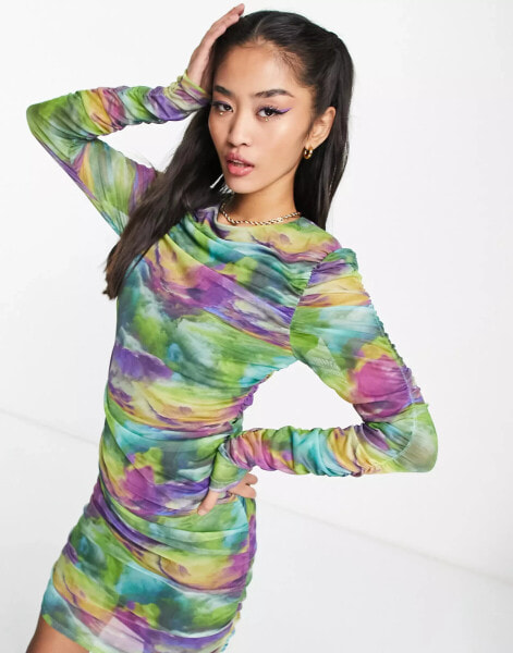 Pieces ruched mesh mini dress in mixed space dye