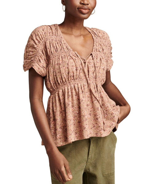 Women's Printed Cotton Smocked Peplum Top