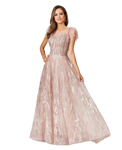 Women's Lace ballgown with Feather Cap Sleeves