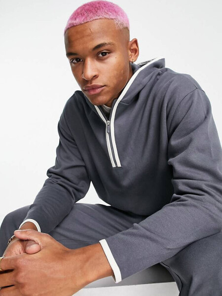 ASOS DESIGN co-ord oversized hoodie with contrast piping in dark grey