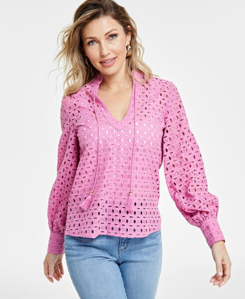 Women's Cotton Tie-Neck Eyelet Blouse, Created for Macy's