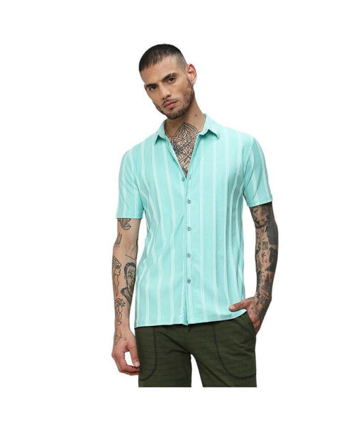 Men's Aqua Blue Unbalanced Striped Shirt