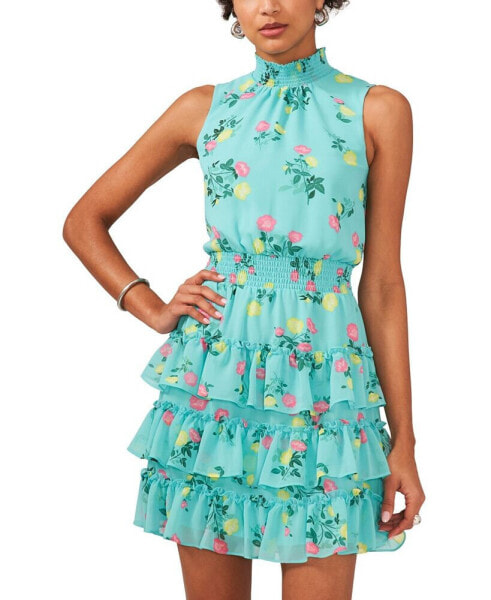 Women's Floral Smocked Sleeveless Mock Neck Tiered Mini Dress