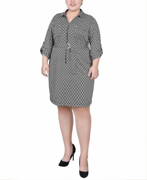 Plus Size Belted Roll Tab Zip Front Shirtdress