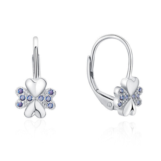 Playful silver earrings with blue zircons four-leaf clover E0000570