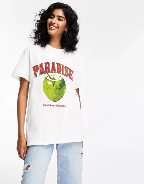 ASOS DESIGN oversized t-shirt with coconut paradise graphic in white