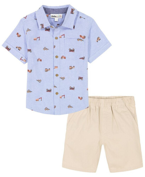 Toddler Boys Short Sleeve Printed Oxford Shirt and Twill Shorts, 2 Piece Set