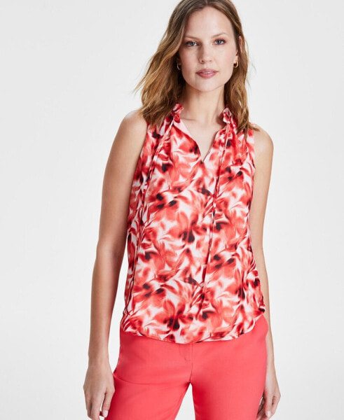 Women's Ruffled Tie-Neck Floral-Print Top