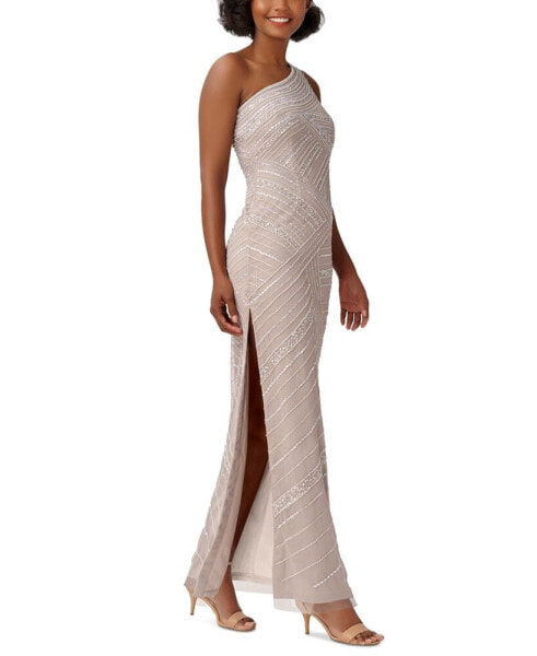 Petite Beaded One-Shoulder Gown