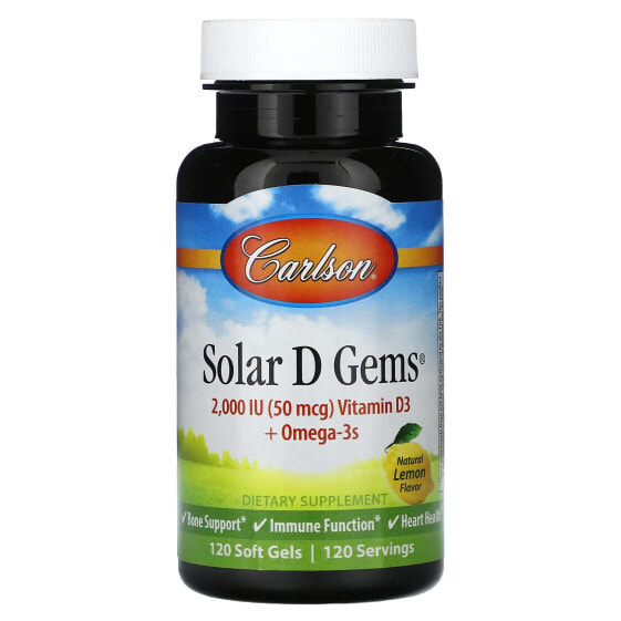 Carlson, Solar D Gems, натуральный лимон, 50 мкг (2000 МЕ), 120 мягких таблеток