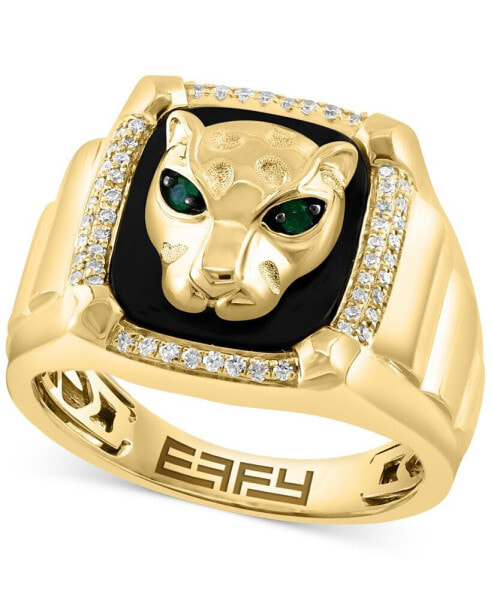 EFFY® Men's Onyx, Diamond (1/5 ct. t.w.) & Emerald (1/20 ct. t.w.) Panther Signet Ring in 14k Gold
