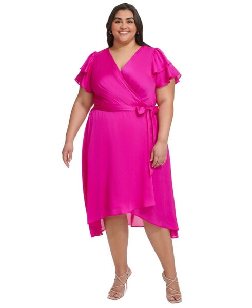 Plus Size Satin Ruffle-Sleeve High-Low Wrap Dress