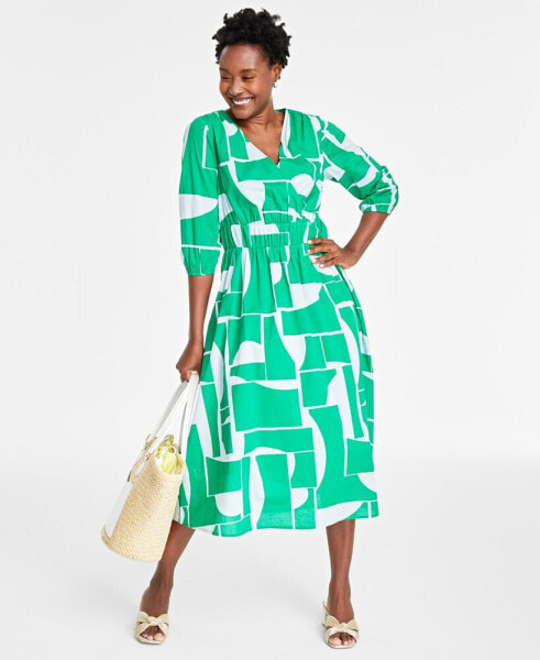 Women's Cotton Surplice-Neck 3/4-Sleeve Midi Dress, Created for Macy's