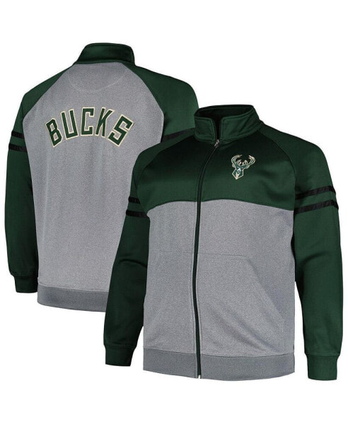 Men's Hunter Green, Heather Gray Milwaukee Bucks Big and Tall Pieced Stripe Raglan Full-Zip Track Jacket