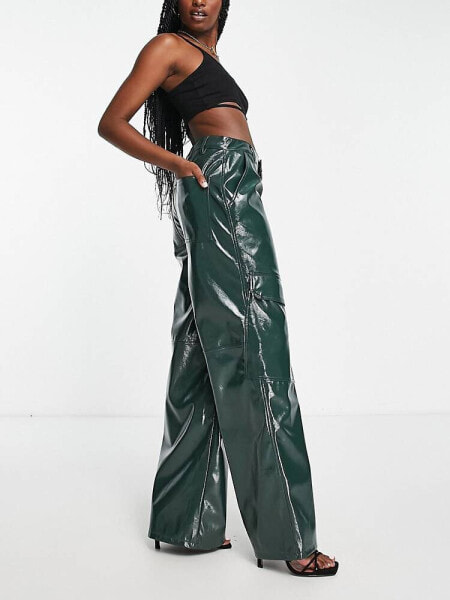 AFRM wide leg faux leather cargo trouser in dark green 