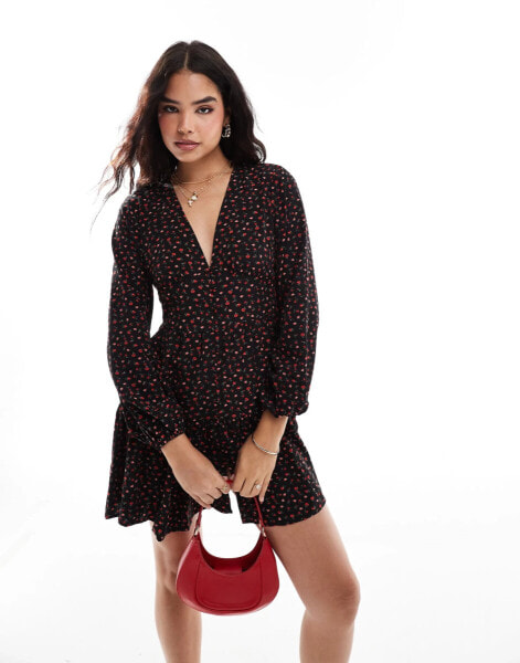 Vila smock buttondown floral mini dress in black