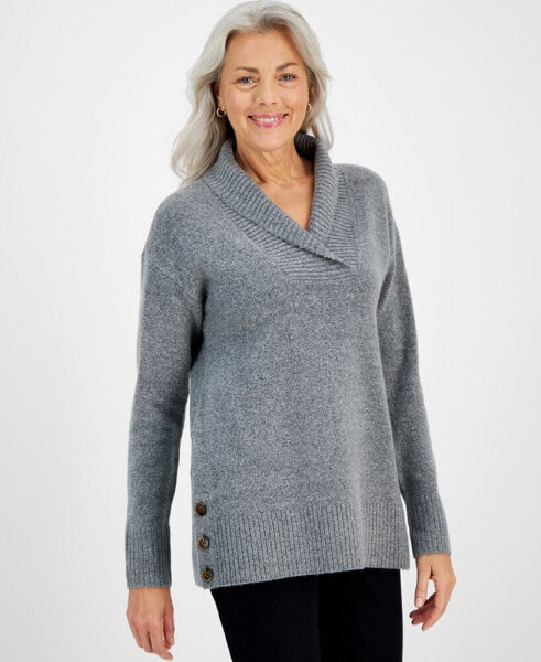 Petite Shawl-Collar Button-Trim Tunic Sweater, Created for Macy's