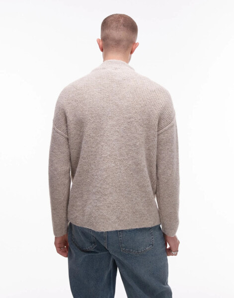 Topman – Oversize-Pullover in Haferbeige mit kurzem Reißverschluss