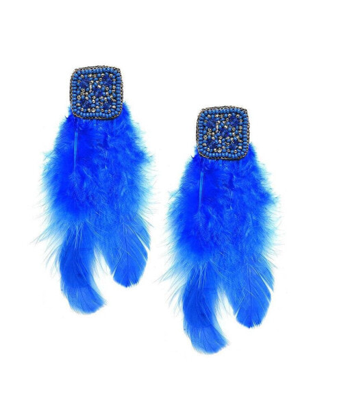 Women's Blue Beaded Feather Drop Earrings