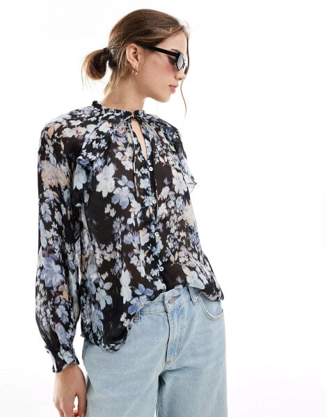 Mango floral tie neck blouse in black