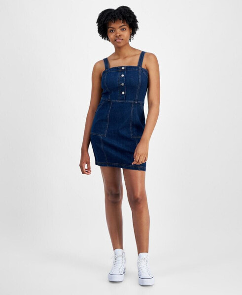 Juniors' Denim Button-Front Utility-Pocket Dress