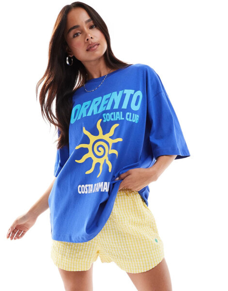 ASOS DESIGN oversized t-shirt with sorrento sun graphic in blue