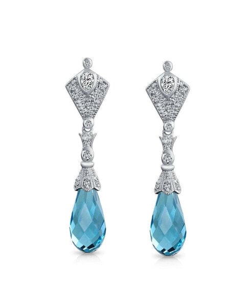 Deco Style Aqua Blue Briolette Faceted Teardrop Cubic Zirconia CZ Chandelier Earrings For Women Sterling Silver