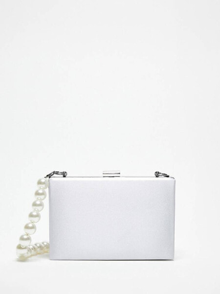 True Decadence structured box clutch bag in silver satin with pearl handle