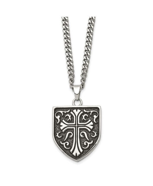 Chisel antiqued Polished Cross Shield Pendant on a Curb Chain Necklace