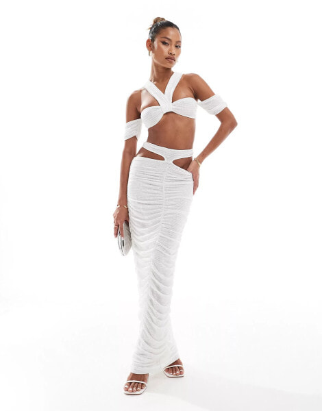 Murci textured cut out halterneck top and ruched maxi skirt set in white