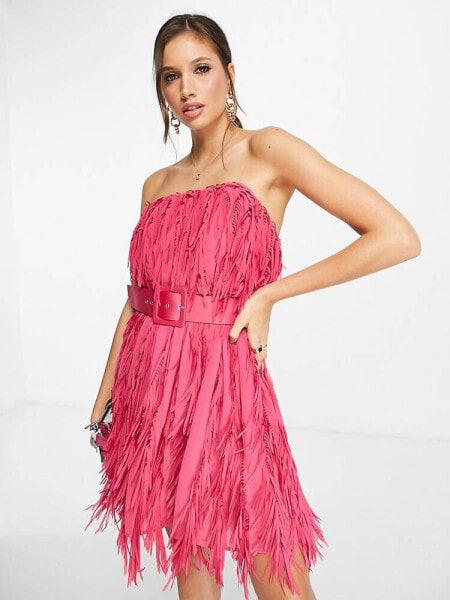 ASOS DESIGN mini bandeau dress in shredded chiffon with belt detail in pink