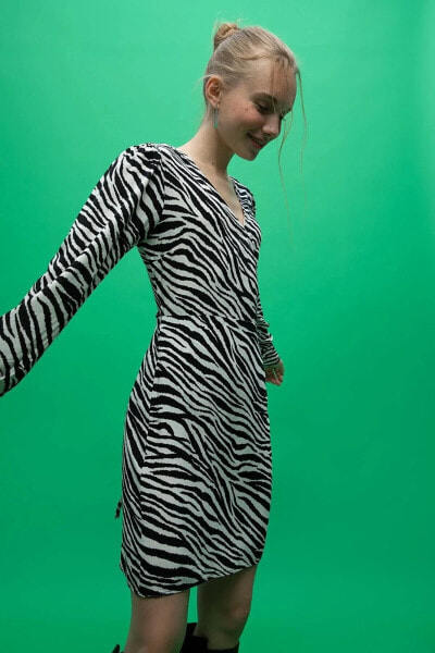A Kesim V Yaka Zebra Desenli Uzun Kollu Mini elbise Y5061az22au