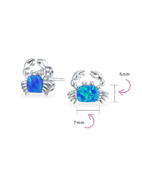 Small Gemstone Blue Tropical Vacation Nautical Created Opal Beach Sand Crab Stud Earrings For Women .925 Sterling Silver October Birthstone