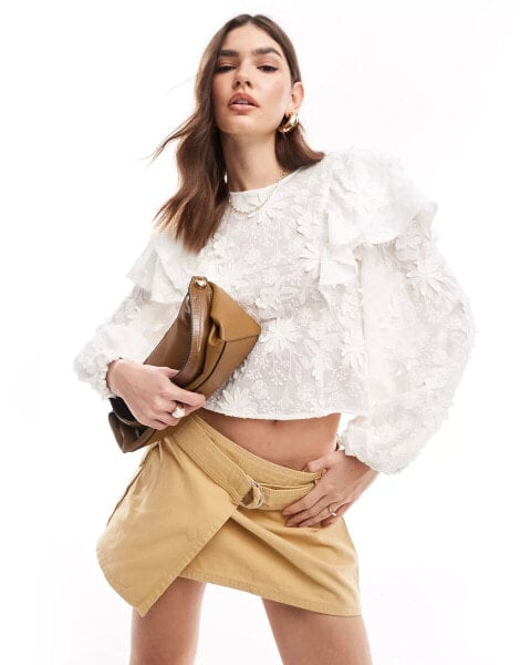 & Other Stories floral applique blouse with puff sleeves and ruffle detail in off-white