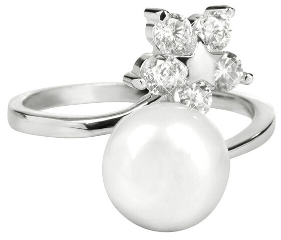 Silver ring with right pearl and clear crystals JL0322