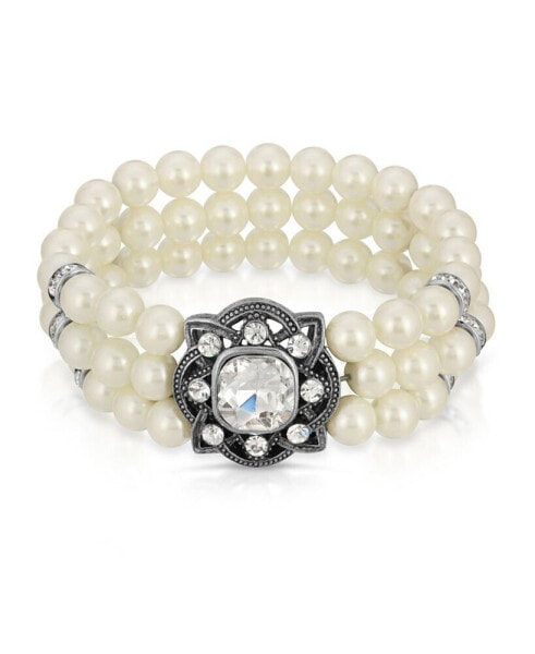 Silver-ToneTone 3-Row Imitation Pearl and Crystal Strectch Bracelet