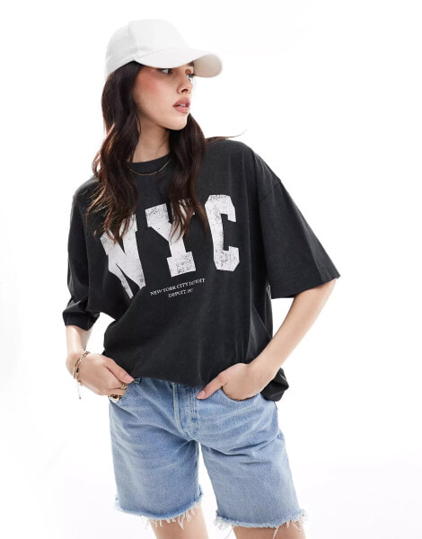 ASOS DESIGN oversized t-shirt with NYC graphic in washed charcoal