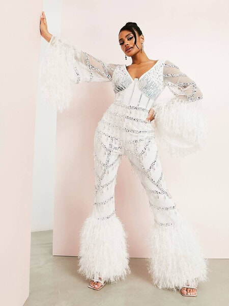 ASOS LUXE embellished wide leg jumpsuit with faux feather trim detail in white