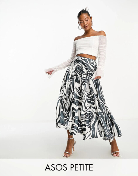 ASOS DESIGN Petite satin pleated midi skirt in mono zebra print