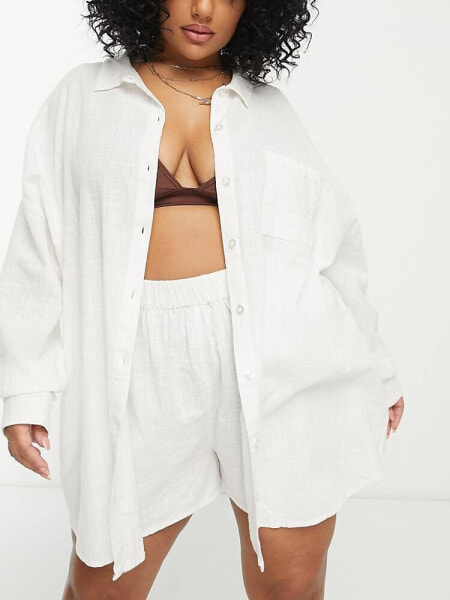 ASOS DESIGN Curve cotton textured beach shirt co-ord in white