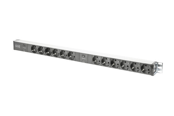 DIGITUS aluminum outlet strip with overload protection, 12 safety outlets, 2 x 2 m supply safety plug