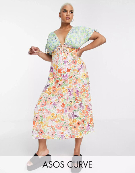 ASOS DESIGN Curve – Kurzärmliges Midi-Nachmittagskleid mit Bindedetails und Blumenmustermix