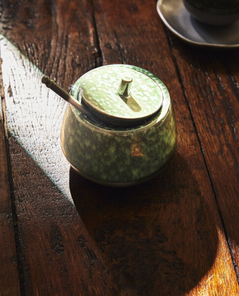 Green stoneware sugar bowl