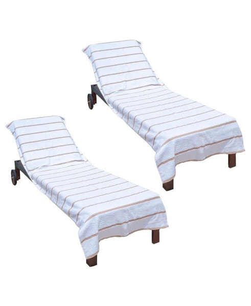 Chaise Lounge Cover (Pack of 2, 30x85 in.), Cotton Terry Towel with Pocket to Fit Outdoor Pool or Lounge Chair, White with Colored Stripes