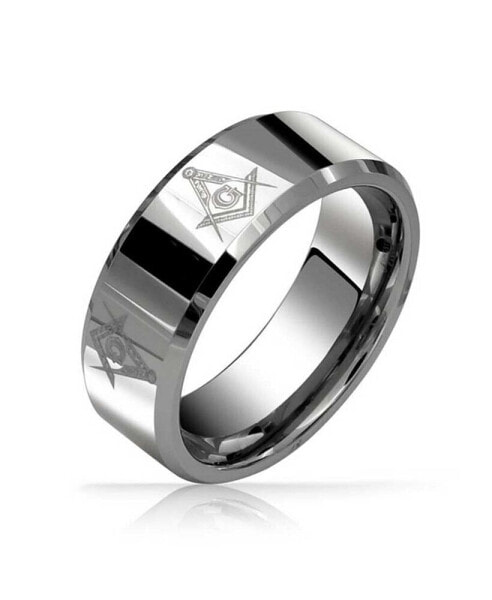 Square Compass Freemason Masonic Titanium Wedding Band Ring For Men Polished Silver Tone Comfort Fit 8MM