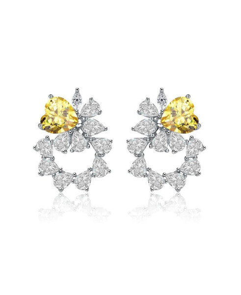 Sterling Silver Rhodium Plated Yellow Cubic Zirconia Floral Stud Butterfly Earrings
